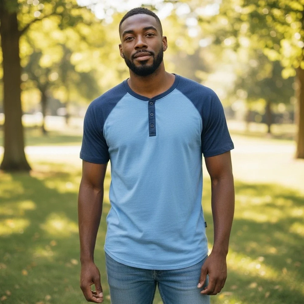 Flag & Anthem‎ Mens Henley Raglan Short Sleeve T-Shirt Blue Colorblock Size Med